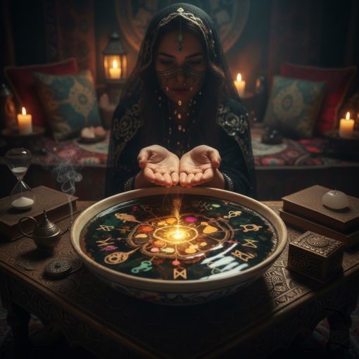 Mistik Fal Dünyası Su Falı Bak - Kase İçinde Işıklı Su Sembolleri, Mum Işığı ve Spiritüel Kadın Figürü ile Derin Sezgi ve Keşif Seansı