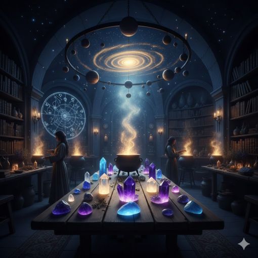  Mistik Fal D&uuml;nyası At&ouml;lyesi&rsquo;nde kişiye &ouml;zel enerji &ccedil;alışmaları, kadim rit&uuml;eller ve kristal şifa tekniklerinin uygulandığı spirit&uuml;el k&uuml;t&uuml;phane ve simya odası tasarımı