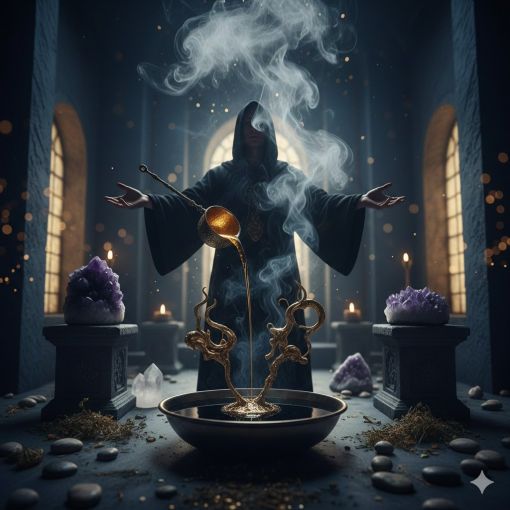  Mistik Atölye'nin kurumsal atmosferinde, kadim kuruşun dökümü ritüelini gerçekleştiren cübbeli bir spiritüel uzman; altın rengi sıvı metali tütsüler ve doğal ametist kristalleri eşliğinde su dolu kaba boşaltırken betimleniyor. Arka planda lacivert tonlarında mistik bir tapınak mimarisi, loş mum ışıkları ve enerjisel arınmayı simgeleyen yükselen dumanlar yer alıyor.